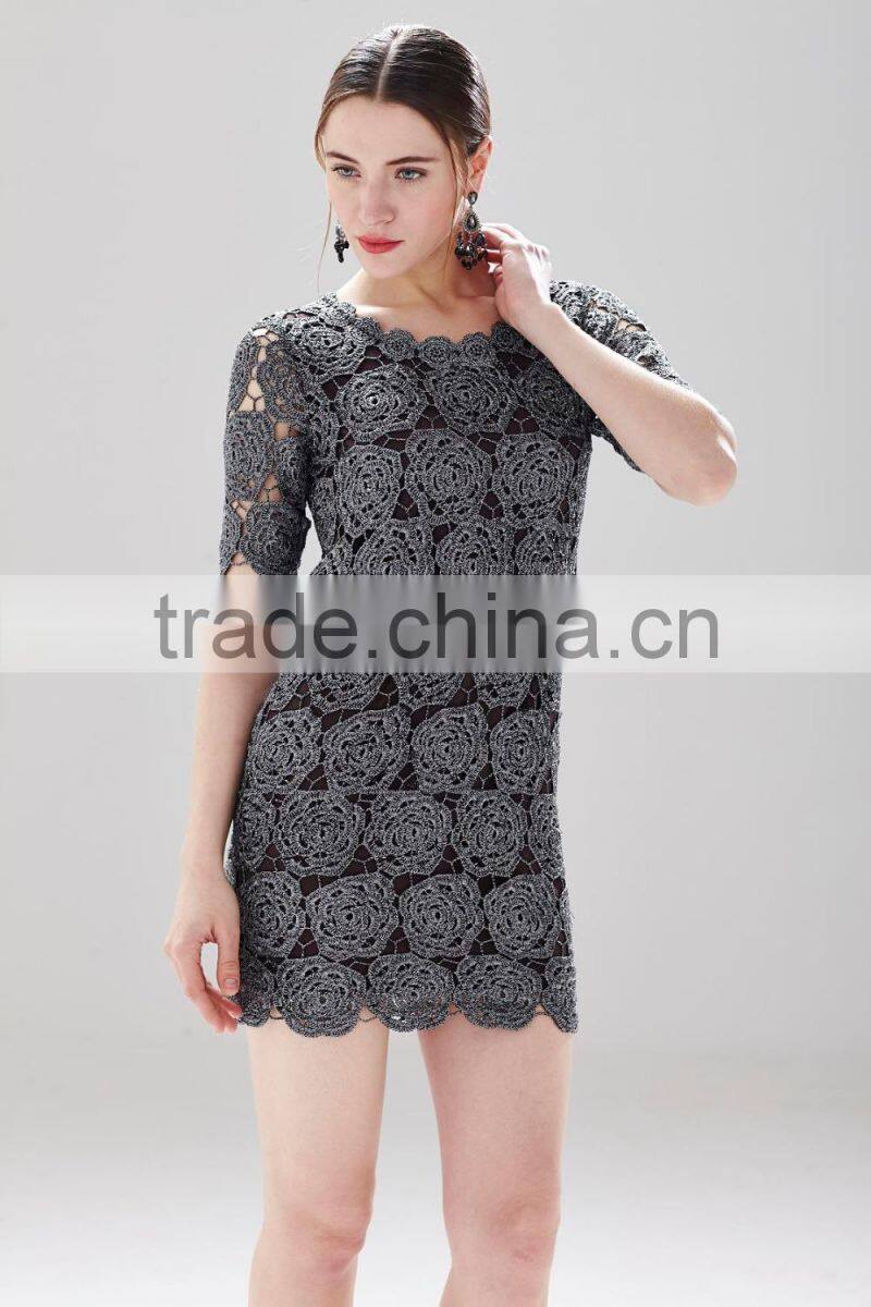 Black Crochet Dress Flower Pattern Cut-out Metallic Effect Dress for Adult SR-D9784