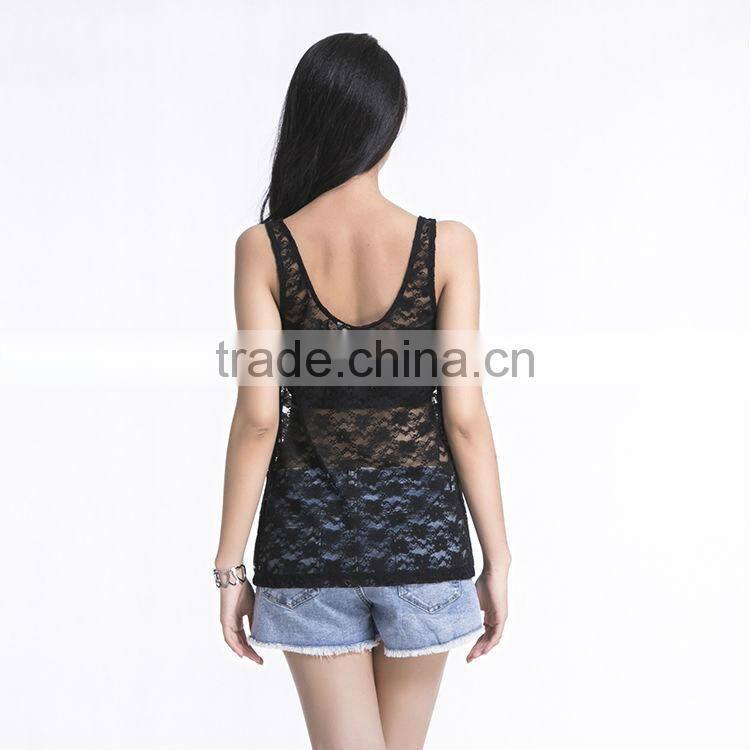 2017 Casual Black Lace Sleeveless Blouse W/ White Words Print