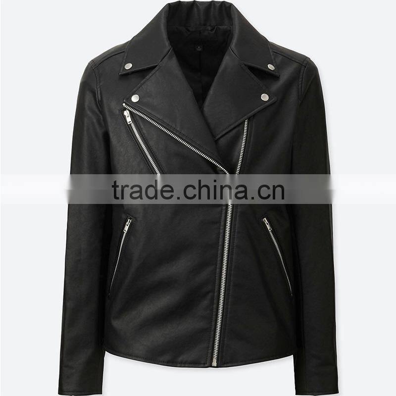 Women's cool black moto riders coats diagonal front zipper leather jackets