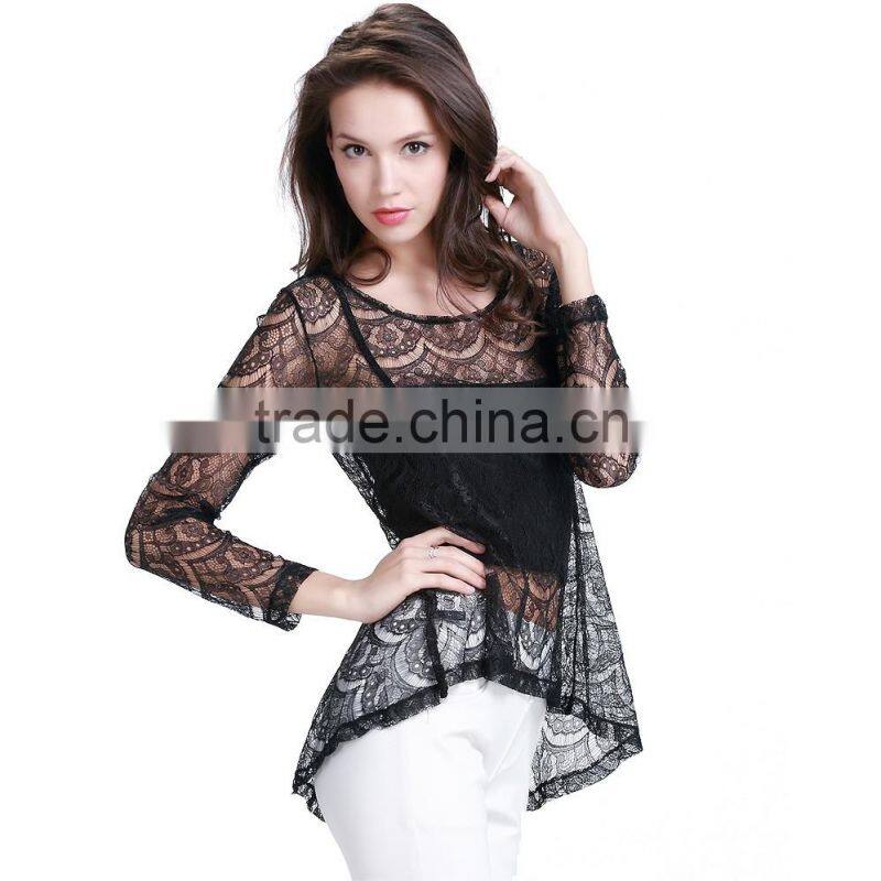 Women's new style black sexy lace short front long back wavy strip two piece shirt