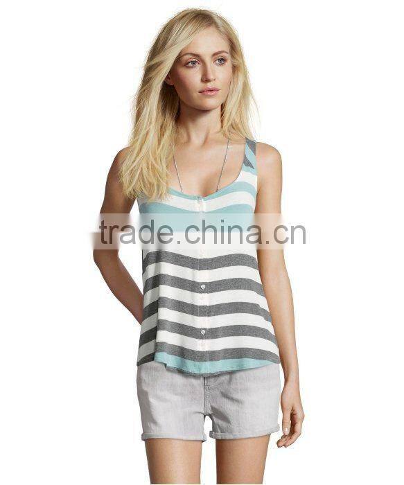 Wholesale Button Front Jersey Knit Girls Sleeveless Striped Tank Top