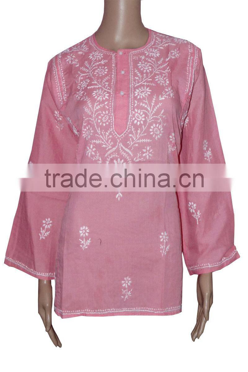 Indian Lucknow Chikan Kurtis,Cotton Embroidery Kurtis Top Tunic