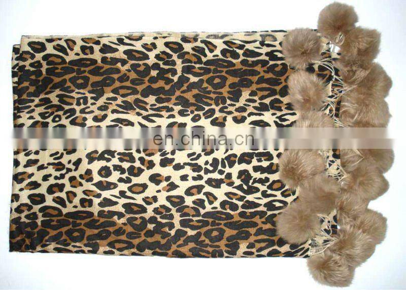 Silk Pashmina wool Animal prints pashmina shawls with fur ball