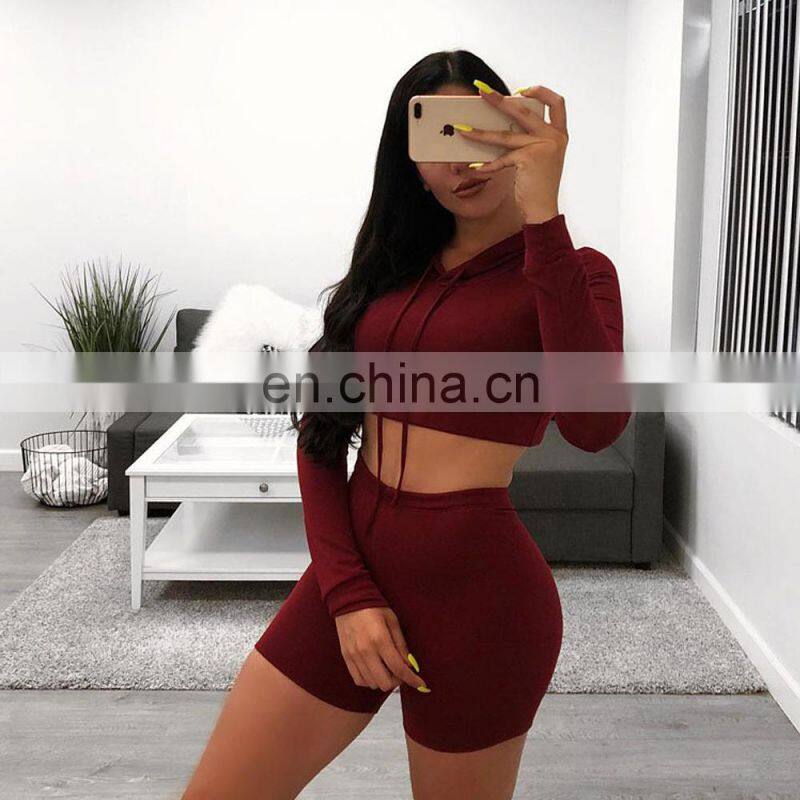 Manufacturer wholesale women's casual sexy hooded shorts sports fitness 2-piece suit custom hoodie crop top