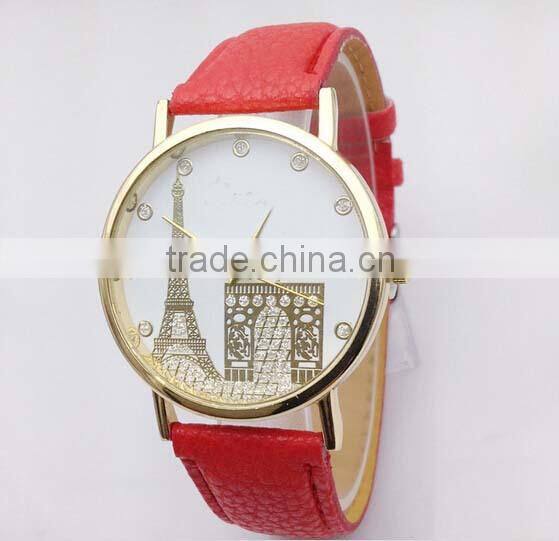 High quality Leather watch Women's Eiffel Tower Printed Dial Faux Leather Analog Quartz Wrist Watch
