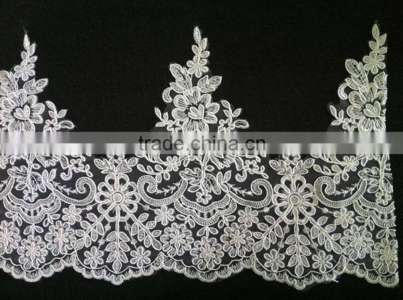 2015 new design wholesale white corded tulle lace bridal lace trim width 23cm