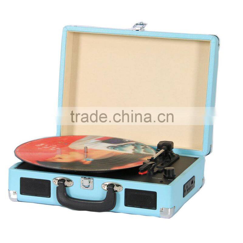 Retro portable suitcase gramophone turntable player for iphone connecting
