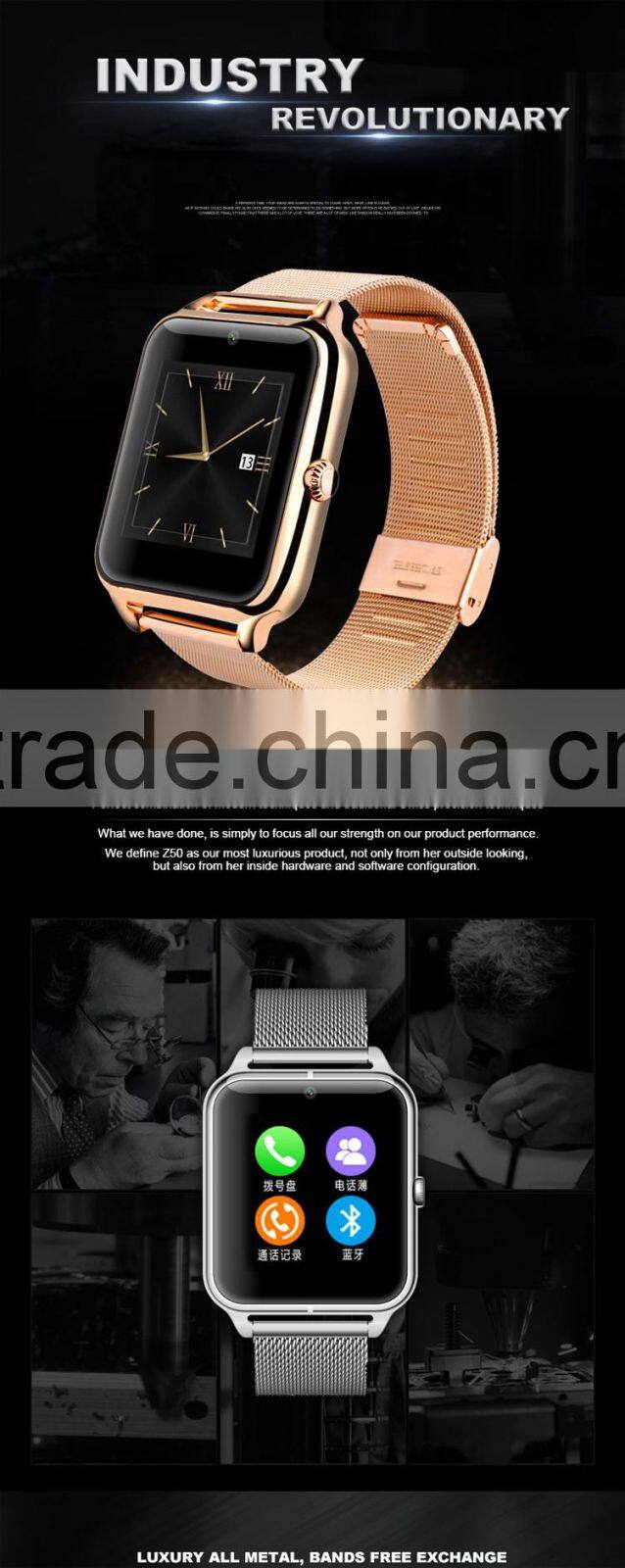 2016 New fashion Z50 Bluetooth Smart Watch with Heart Rate SIM card TF Mp3 Mp4 pedometer sleep Monitoring or IOS Android phones