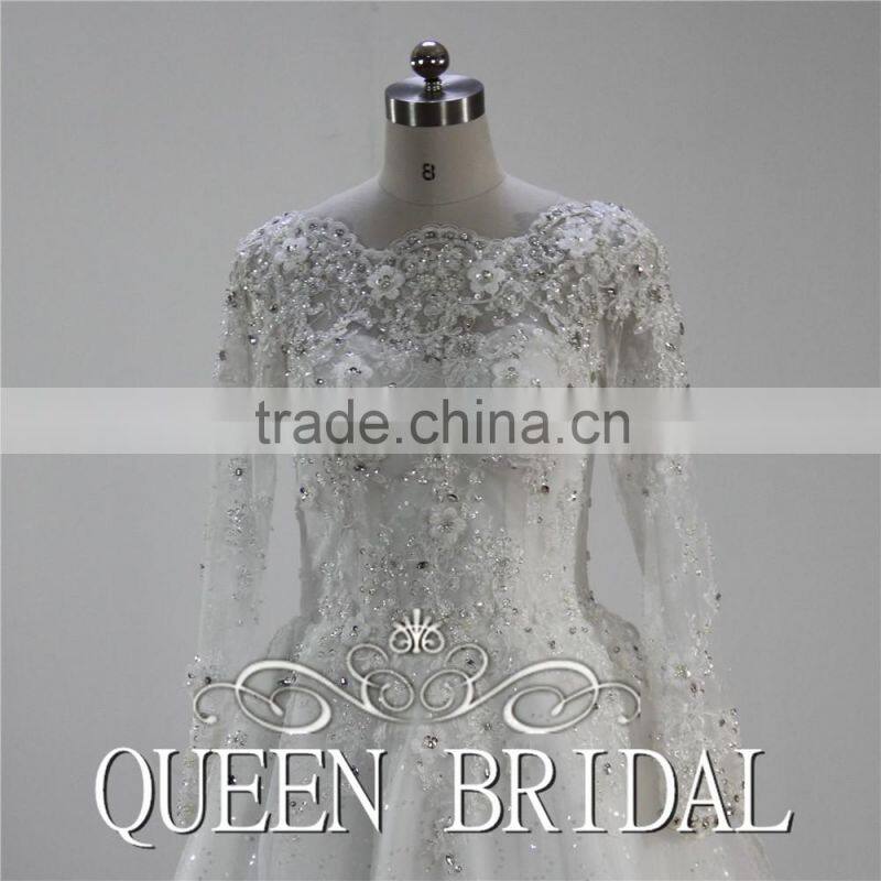 Long Sleeve Appliqued Lace Crystal Beaded Arabic Wedding Dress For Muslim Woman
