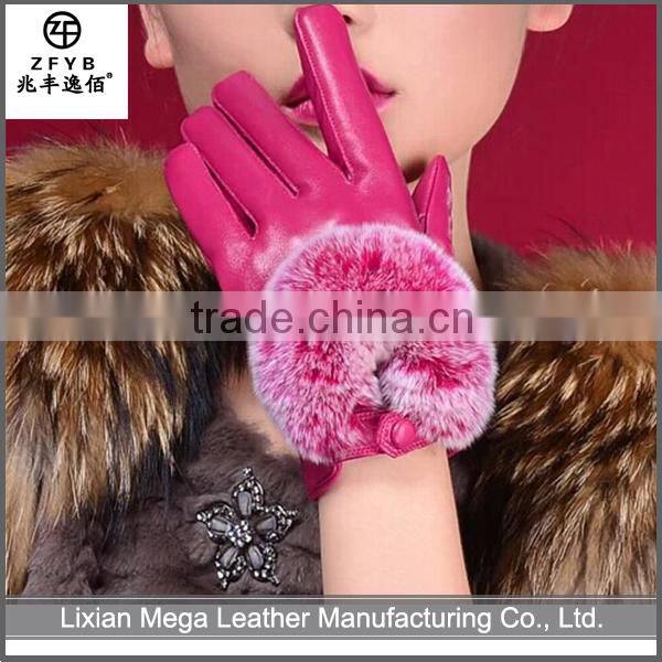 Good Quality New ladies short hot pink leather gloves with rabbit fur cuff
