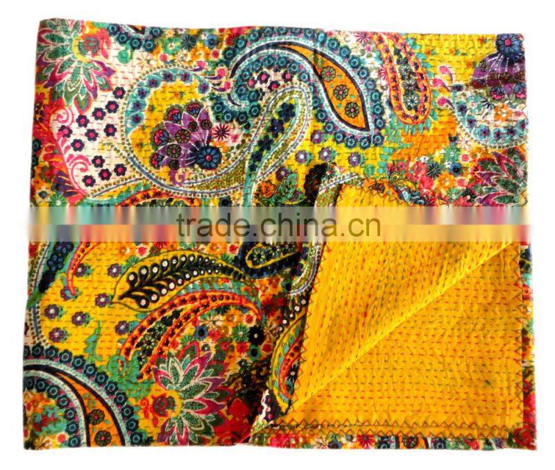 RTHKG-9 Designer Paisley Printed Cotton Fabric Vintage Bedspread Wholesaler Handmade Stitching Gudri Throw Kantha Jaipur
