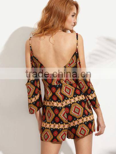 Bodysuits latest fashion design women clothing Multicolor Print Cold Shoulder Tie Waist Jumpsuit