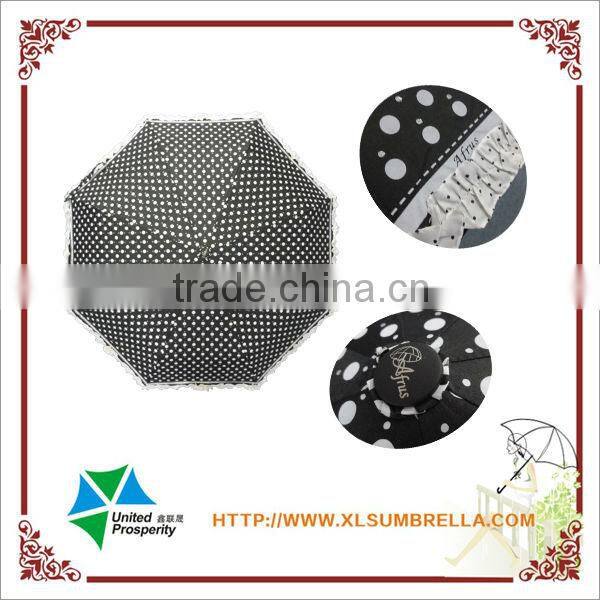 21" automatic spot fabric with lace edge for lady folding umbrella