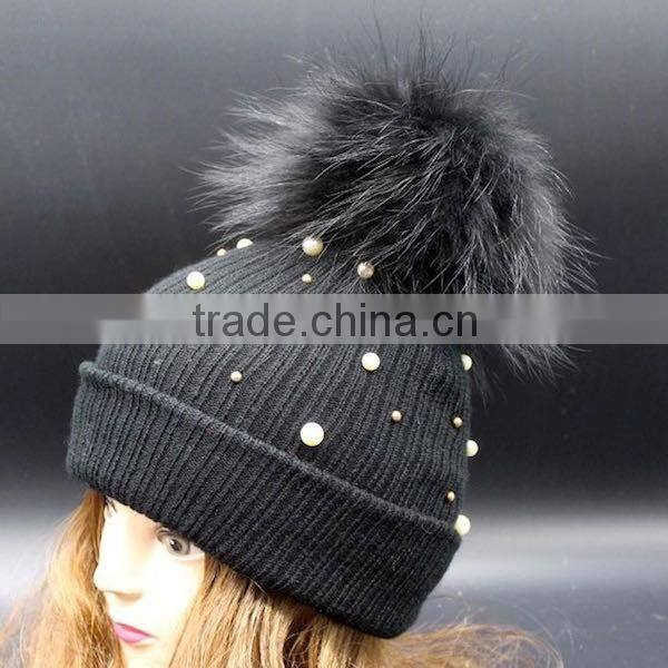 Wholesale Latest UK Style Colorful Wool Crochet Hat With Raccoon Fur Pom Poms White Crochet Knit Hat