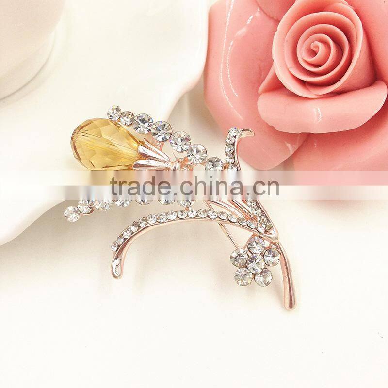 Fashion Yellow Crystal Gold Plated Flower Corsage Brooch