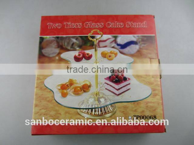 Wholesale glass cake stand, two tier golden glass cake stand with flower decoration