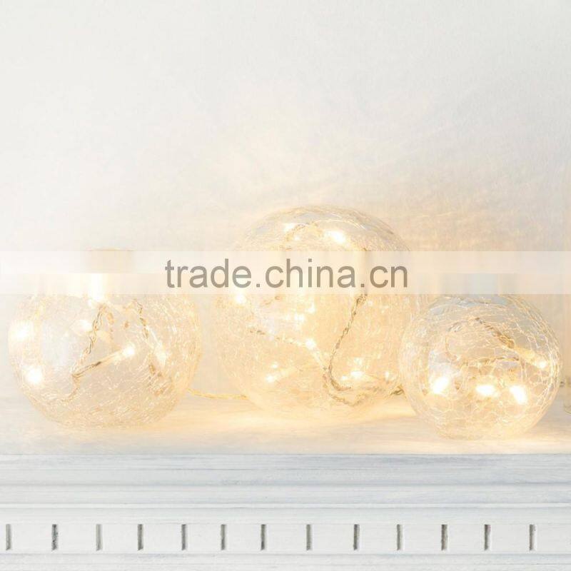 Set of 3 Battery Operated Crackled Glass Warm White Christmas LED Fairy Light Balls