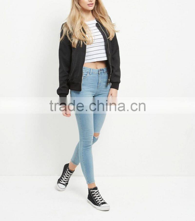 2016 Ladies Sexy White Ribbed Stripe Crop Top HST8040