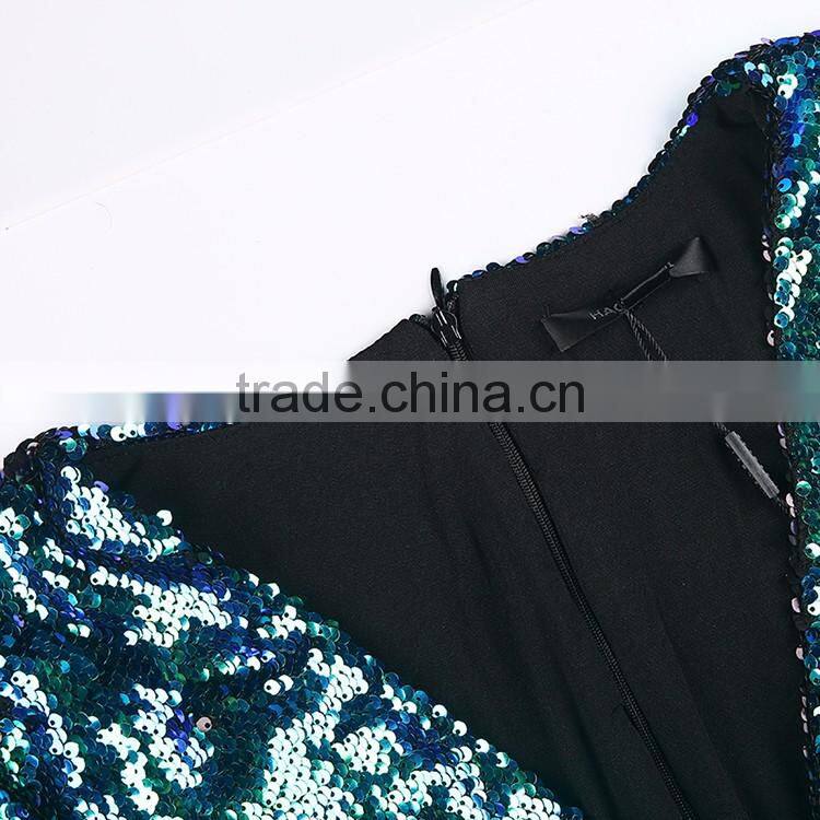 HAODUOYI Blue Sequin Plunge Neck Long Sleeve Evening Party Bodysuit for Wholesale with Low Price