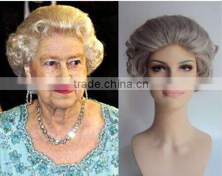 DELUXE GREY CURLY QUEEN ELIZABETH ROYAL OLD LADY GRANNY WIG