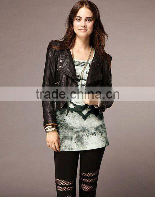 Inclined zipper PU casual jacket brown