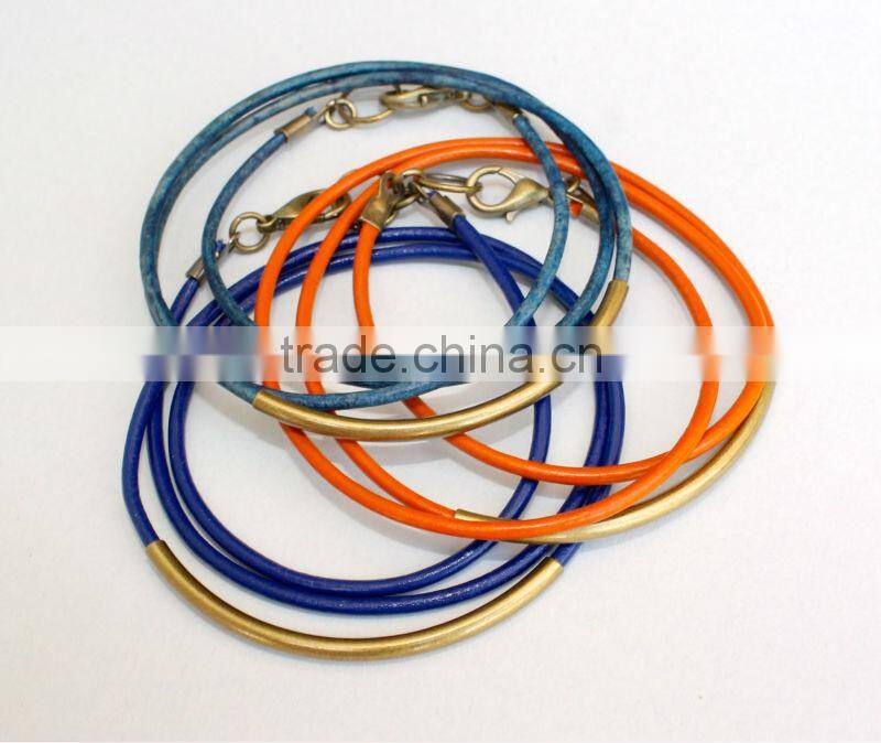 silver tube leather bracelet, 10pcs stacking leather bangle bracelet, new design thin leather bracelet