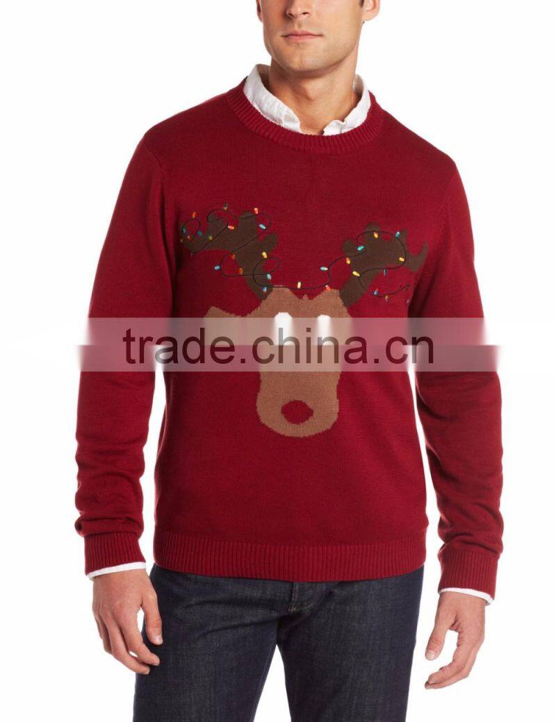 Men Deep Red Sweater Light Reindeer Head Pattern Christmas Sweater With Light