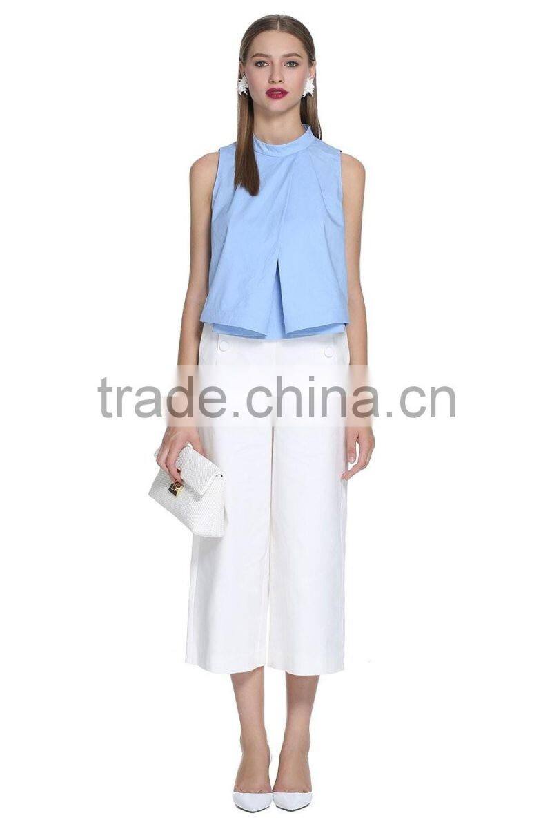Ladies office sleeveless cotton blue O-neck blouse/shirt tops with back zipper-up