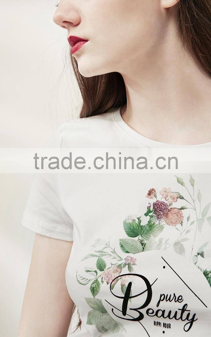 Girls 95% cotton 5%spandex skinny short sleeve flower printing white tee