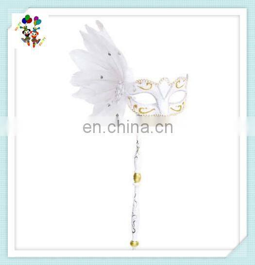 Mardi Gras White Feather Masquerade Party Eye Masks On Stick HPC-0468