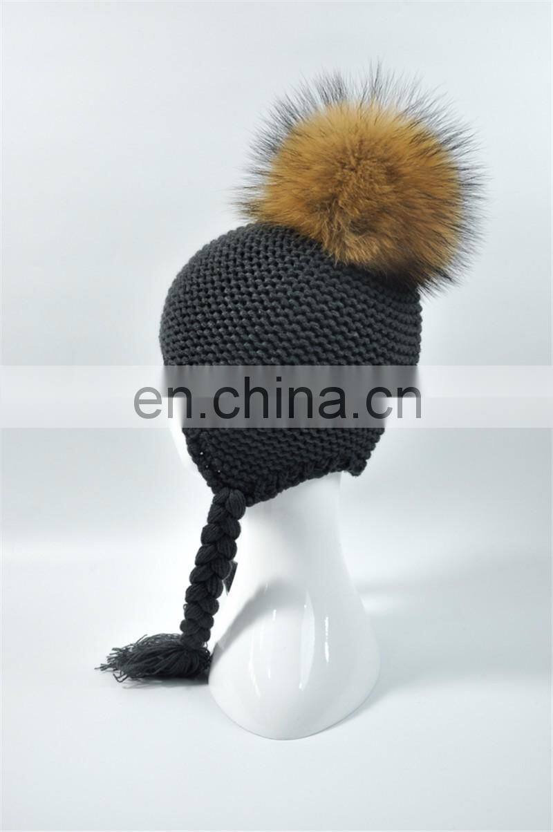 High Quality Knitted Beanies Colorful Big Raccoon Fur Pom Pom Winter Hat Beanie Kids