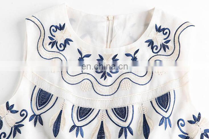 Ladies fashion summer dress 2016 sleeveless round neck embroidery dress designs