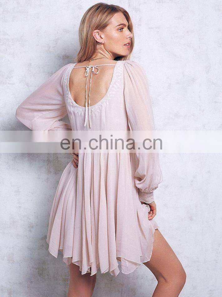 High quality cold shoulder chiffon dress, embroidered dress fashion