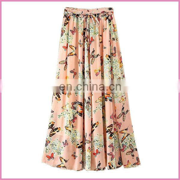summer new fashion printed chiffon drawstring long skirt