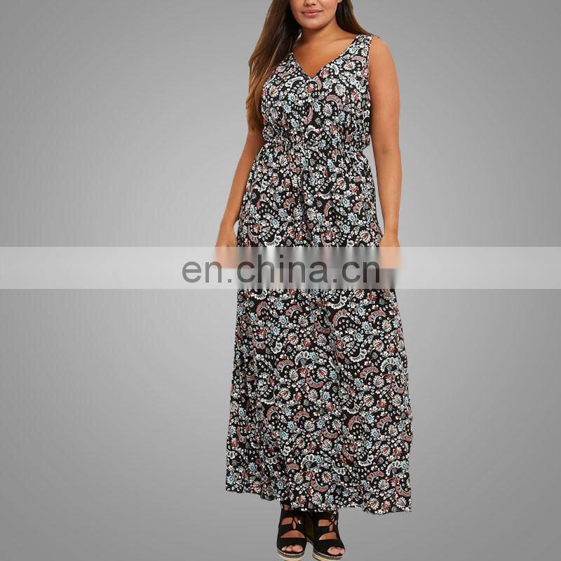 Plus size black floral print cut out back women elegant maxi dress sleeveless fancy black long maxi dress