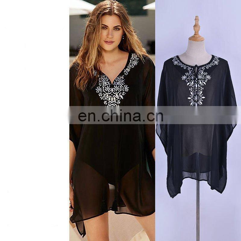 2019 Casual Embroidered V-Neck Batwing Sleeve Summer Beach Dress Black Cotton Tunic Women Beachwear Mini Dress Sarong pareo