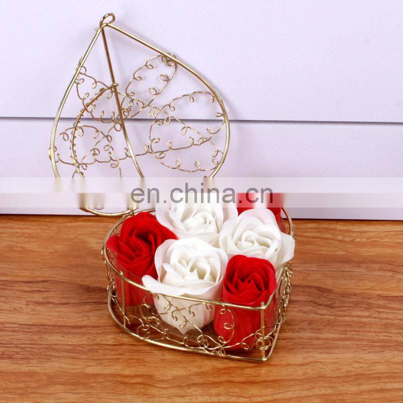 6pcs Soap Rose Flowers Gift Box Iron Basket Small Bouquets Gift Box Heart Shape Christmas Wedding Party Valentine's Day Gifts