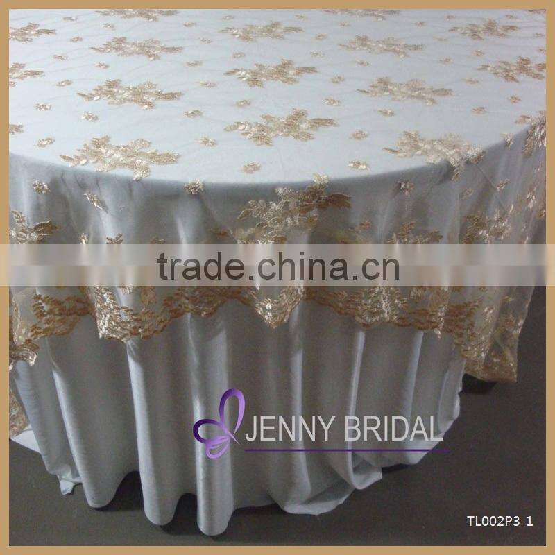 TL002P3-1 high quality gold embroidery lace round wedding table overlay