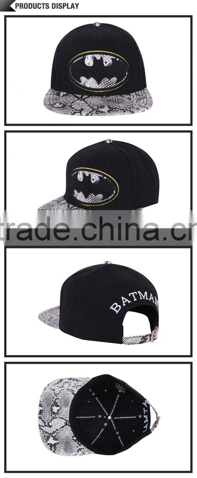 China Made Embroidery Hat All Black round top leather Custom SnapBack Cap 6 Panel