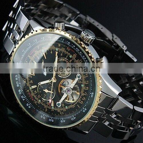 ESS Men Gent Black Tourbillon Date Golden Case Aviator Mechanical Watch WM194