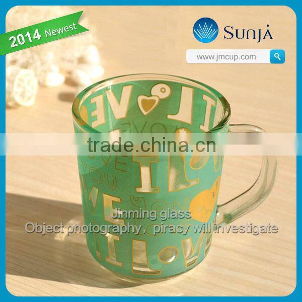 Hot sell customized printing decal glass cup mug with handles coffee drinking glass mugs cup glasses