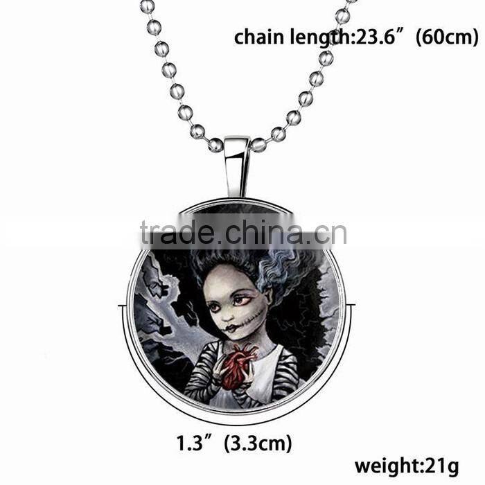 Long hair witch pattern glass gemstone necklace Halloween jewelry wholesale