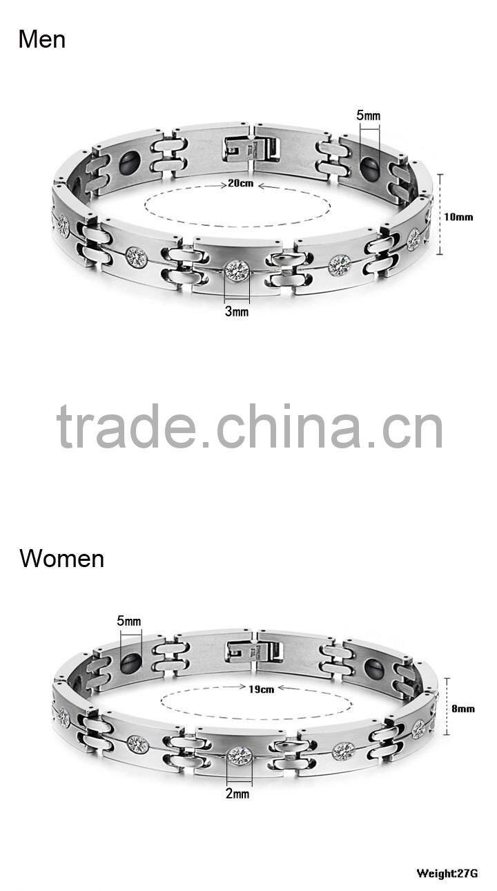Fashion Accessories Energy Stainless Steel Magnetic Couples Lovers Bracelets with Cubic Zirconia Inlaid
