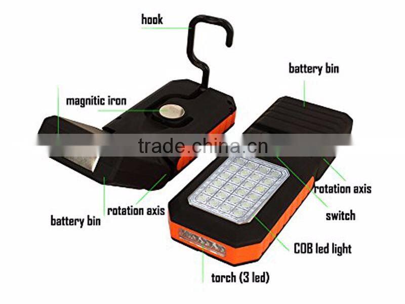 with Magnetic Base & Back, Hanging Hook; Powered by 3*AAA Batteries COB Work Lamp + 3 LED Pocket Light