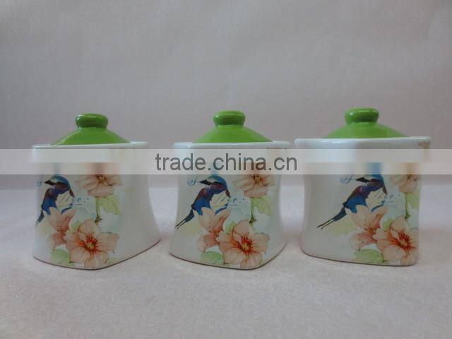 Morning Glory Decal Ceramic Tea Coffee Sugar Jars Set with Pink Lid