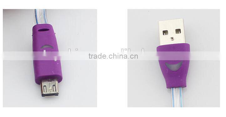 Mix Color Flashing Visible Luminous Smiling Face Micro USB Cable LED Glow Sync Data Charger Cables, Noodle Cables for Samsung
