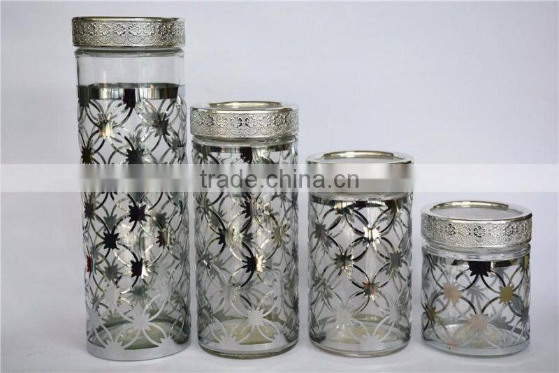Set of 4 Glass Food container storage canister with silver metal coat
