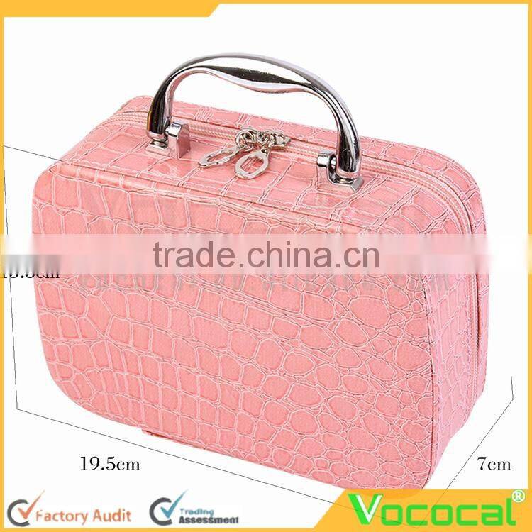 PU Leather Cosmetic Makeup Box Case Toiletry Organizer Storage Handbag With Mirror Crocodile Pattern Pink