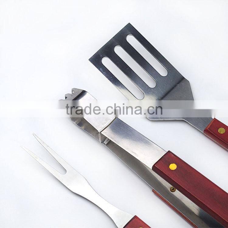 3pc stainless steel bbq tools set with red painted wood handle