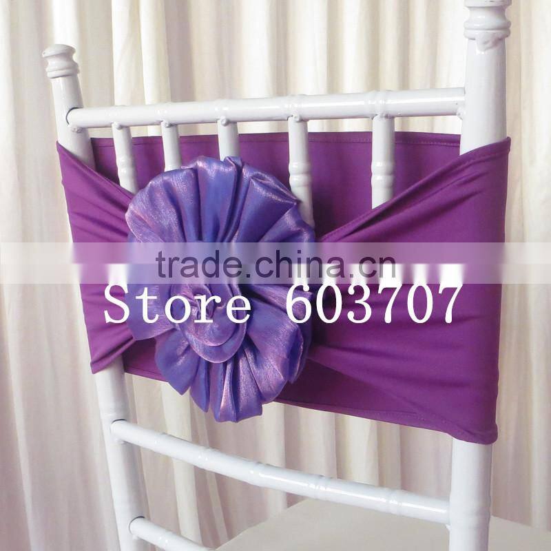 Free Shipping New Product: 100PCS 20cm*76cm Purple Spandex Band With Organza Big Flower For Chivari Chair Use